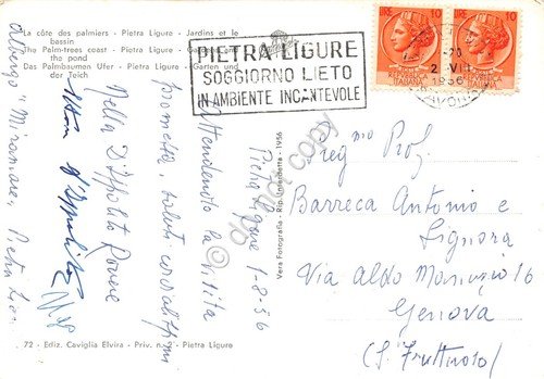 Cartolina Pietra Ligure Giardini vasca stabilimento Timbro Pietra Ligure 1956