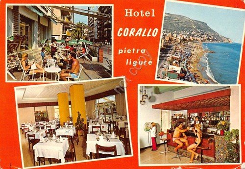 Cartolina Pietra Ligure Hotel Corallo 4 vedute animata interno 1973