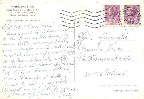 Cartolina Pietra Ligure Hotel Corallo 4 vedute animata interno 1973