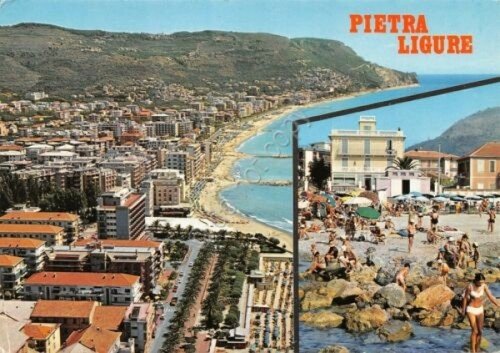 Cartolina Pietra Ligure panorama aereo e spiaggia 1972 (Savona)