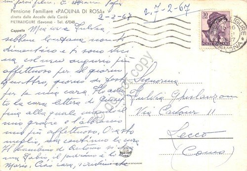Cartolina Pietraligure Pensione Paolina di Rosa cappella 1967