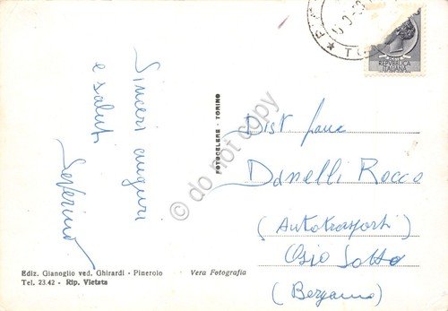 Cartolina Pinerolo Via C. Battisti Banca d'Italia 1958