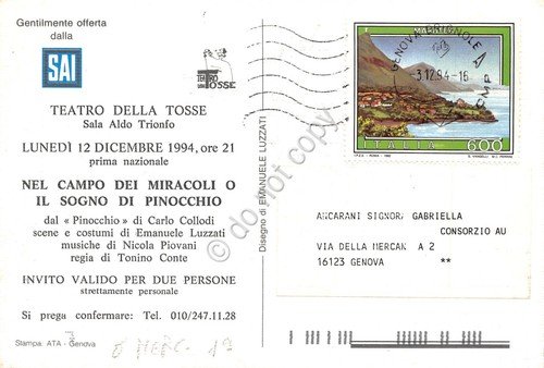 Cartolina Pinocchio Illustrata Teatro della Tosse Genova 1994