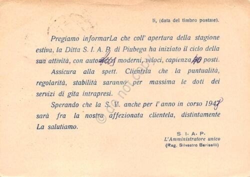 Cartolina Piubega Pubblicitaria SIAP Soc. Industriale Automobilistica 1948