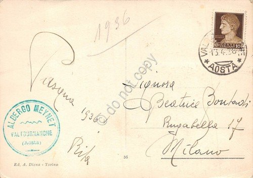 Cartolina Plan Torrette sopra Breuil e Cervino sci sciatore 1936