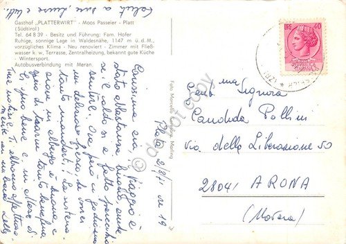 Cartolina Platt Sud Tirolo Gasthof Platterwirt 1971