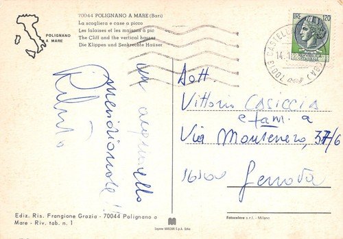 Cartolina Polignano a mare scogliera e case a picco