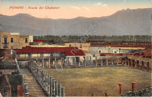 Cartolina Pompei Scuola dei Gladiatori illustrata Ed. Scrocchi 1928