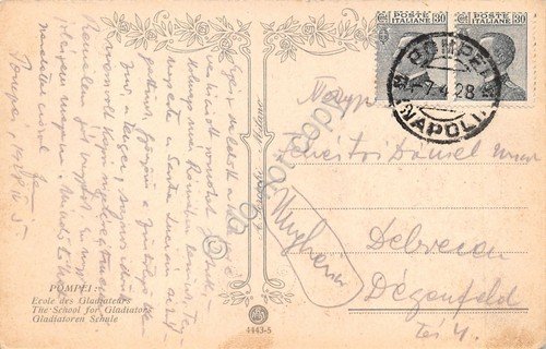 Cartolina Pompei Scuola dei Gladiatori illustrata Ed. Scrocchi 1928