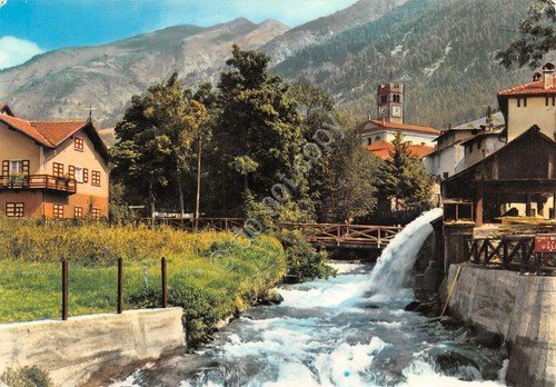 Cartolina Ponte di Legno scorcio sul fiume Oglio con case