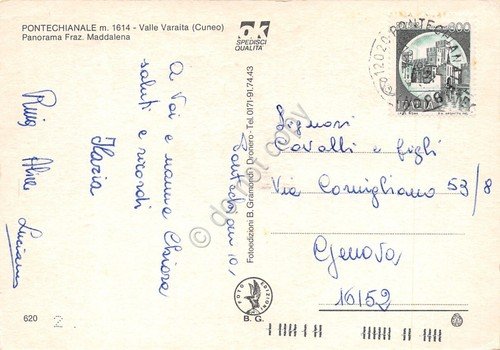 Cartolina Pontechianale panorama frazione Maddalena 1991