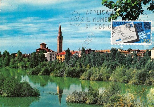Cartolina Pordenone Panorama timbro targhetta frontale PT