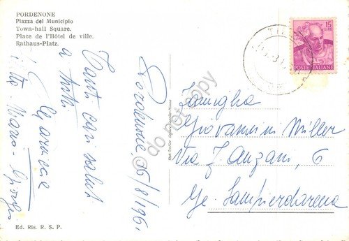 Cartolina Pordenone Piazza del Municipio 1961 bar insegna Lanerossi | Immagine Gallery 2