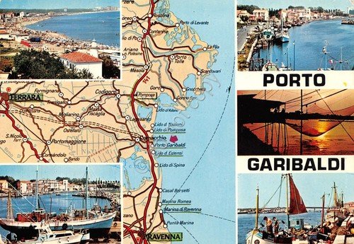 Cartolina Porto Garibaldi vedute varie e mappa 1977 (Ferrara)