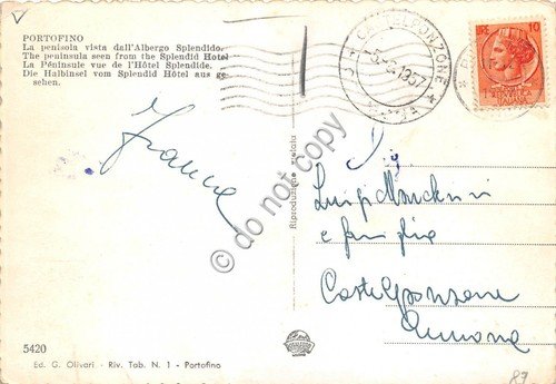 Cartolina Portofino Penisola vista da Hotel Splendido 1957 (Genova)