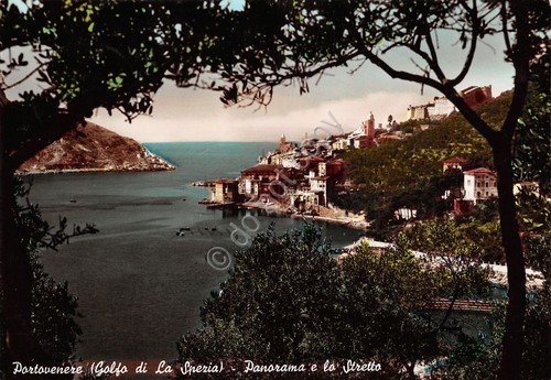 Cartolina Portovenere Panorama e Stretto colorata 1954