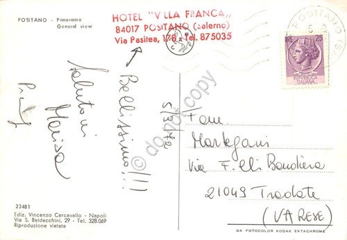 Cartolina Positano panorama Timbro Hotel Villa Franca 1972 | Immagine Gallery 2