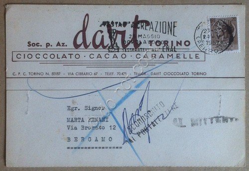 Cartolina postale Davit Cioccolato Torino - 1957 - ritornata al … | Immagine principale