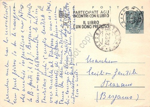 Cartolina postale timbro Incontri con il libro 1957