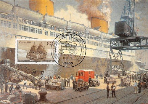 Cartolina Postverkehr Deutschland USA Dampfer Bremen timbro filatelico 1983