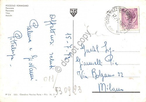Cartolina Pozzolo Formigaro panorama insegna distributore Esso 1972