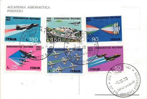 Cartolina Pozzuoli Accademia Aeronautica francobolli 6 valori 1973