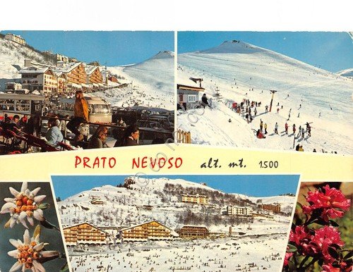 Cartolina Prato Nevoso vedute varie sci sciatori 1972 (Cuneo)