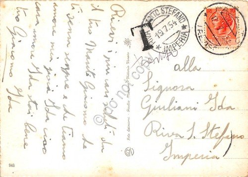 Cartolina Pre Dolomiti Lago di Santa Croce barca 1954 Tassata