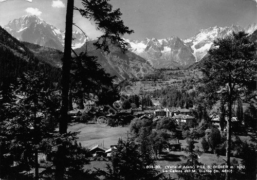 Cartolina Pre S. Didier panorama e catena Monte Bianco1961