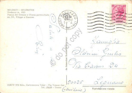 Cartolina Predazzo Piazza del Comune e Chiesa (Trento)