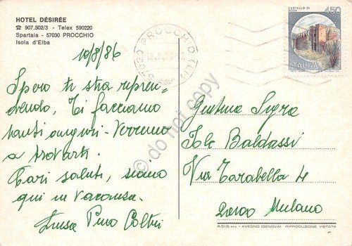 Cartolina Procchio Isola d' Elba Hotel Desiree spiaggia 1986 (Livorno)