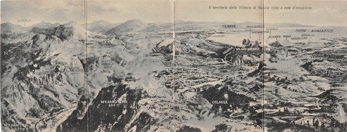 Cartolina quadrupla Gorizia Territorio della Vittoria visto da aereo