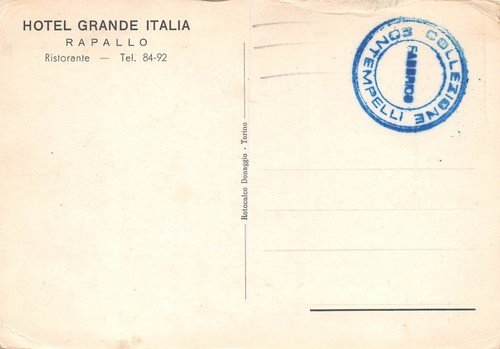 Cartolina Rapallo Grande Albergo Italia dal mare spiaggia animata