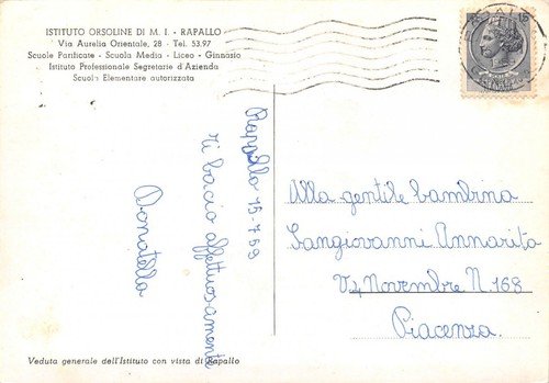 Cartolina Rapallo Istituto Suore Orsoline 1959