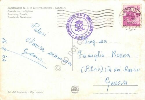 Cartolina Rapallo Santuario di Montallegro Timbro Basilica 1964 (Genova)