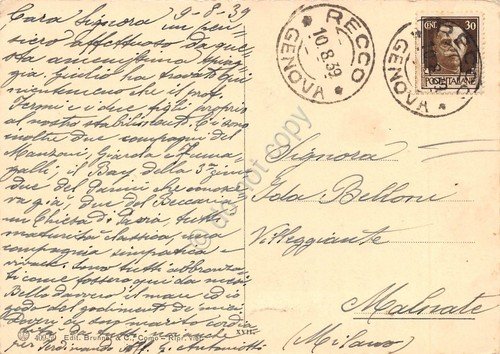 Cartolina Recco La Spiaggia animata barca 1939