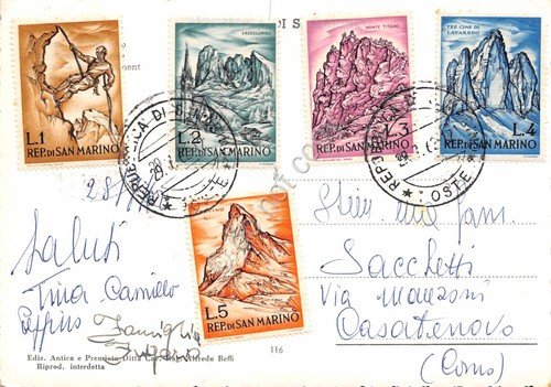 Cartolina Repubblica di San Marino francobolli al retro VG