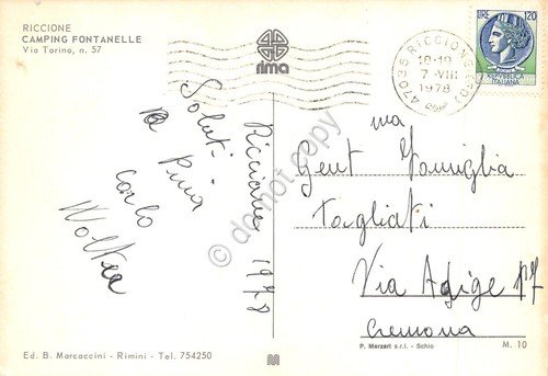 Cartolina Riccione Camping Fontanelle 1978 dal mare spiaggia | Immagine Gallery 2