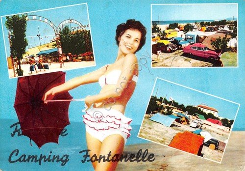 Cartolina Riccione Camping Fontanelle Pin up vedute varie anni '70