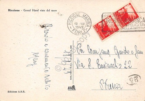 Cartolina Riccione Grand Hotel dal mare pattini 1949 Timbro Profumo …