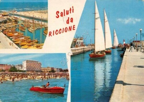 Cartolina Riccione vedute motoscafo barca a vela 1975 (Rimini)