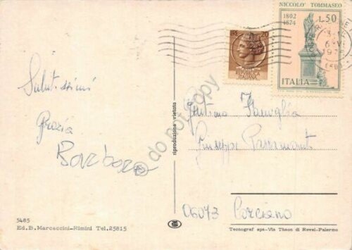 Cartolina Riccione vedute motoscafo barca a vela 1975 (Rimini)