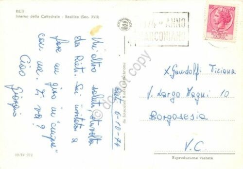 Cartolina Rieti Cattedrale Interno 1974 timbro Anno Marconiano | Immagine Gallery 2