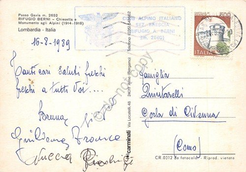 Cartolina Rifugio Berni Passo Gavia chiesa e monumento Alpini Timbro …