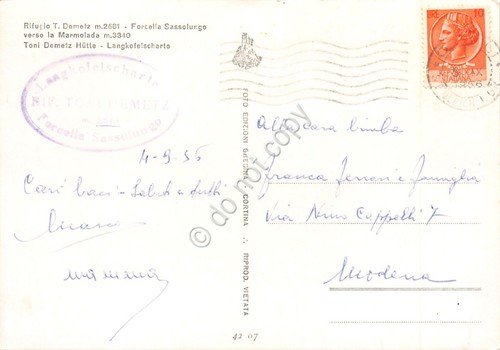 Cartolina Rifugio Demetz Forcella Sassolungo verso Marmolada 1956 | Immagine Gallery 2