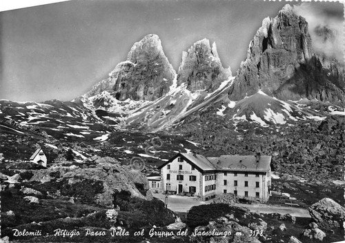 Cartolina Rifugio Passo Sella con Gruppo Sassolungo Dolomiti 1958 (Bolzano) | Immagine principale