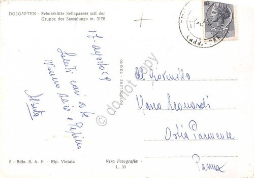Cartolina Rifugio Passo Sella con Gruppo Sassolungo Dolomiti 1958 (Bolzano)