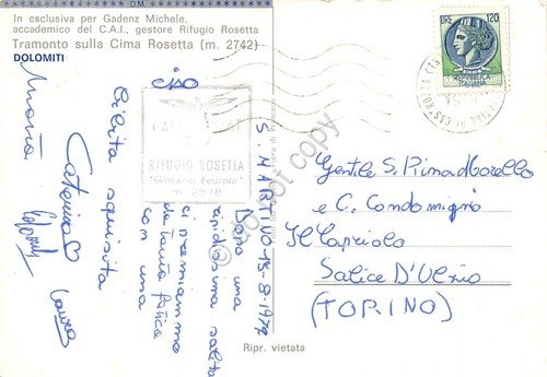 Cartolina Rifugio Rosetta esclusiva Gadenz Michele gestore 1972 | Immagine Gallery 2
