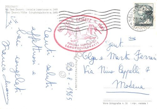 Cartolina Rifugio Tony Demez Forcella Sassolungo Timbro 1965 animata scalatore | Immagine Gallery 2