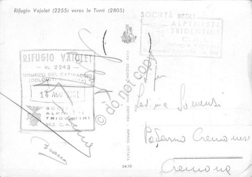 Cartolina Rifugio Vajolet Dolomiti di Fassa timbro al retro (Trento) | Immagine Gallery 2